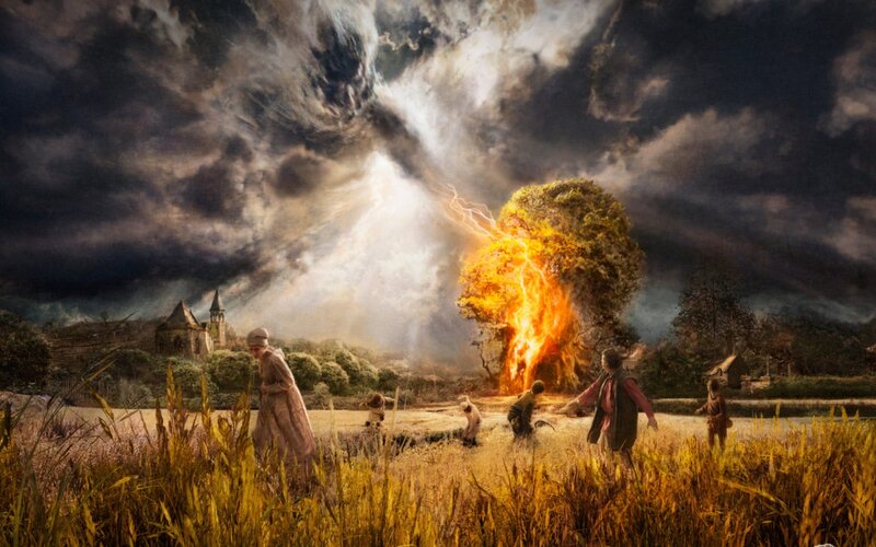 People Fleeing Burning Tree