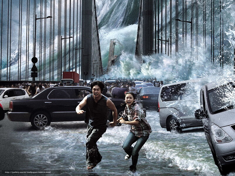 People fleeing tsunami on bridge