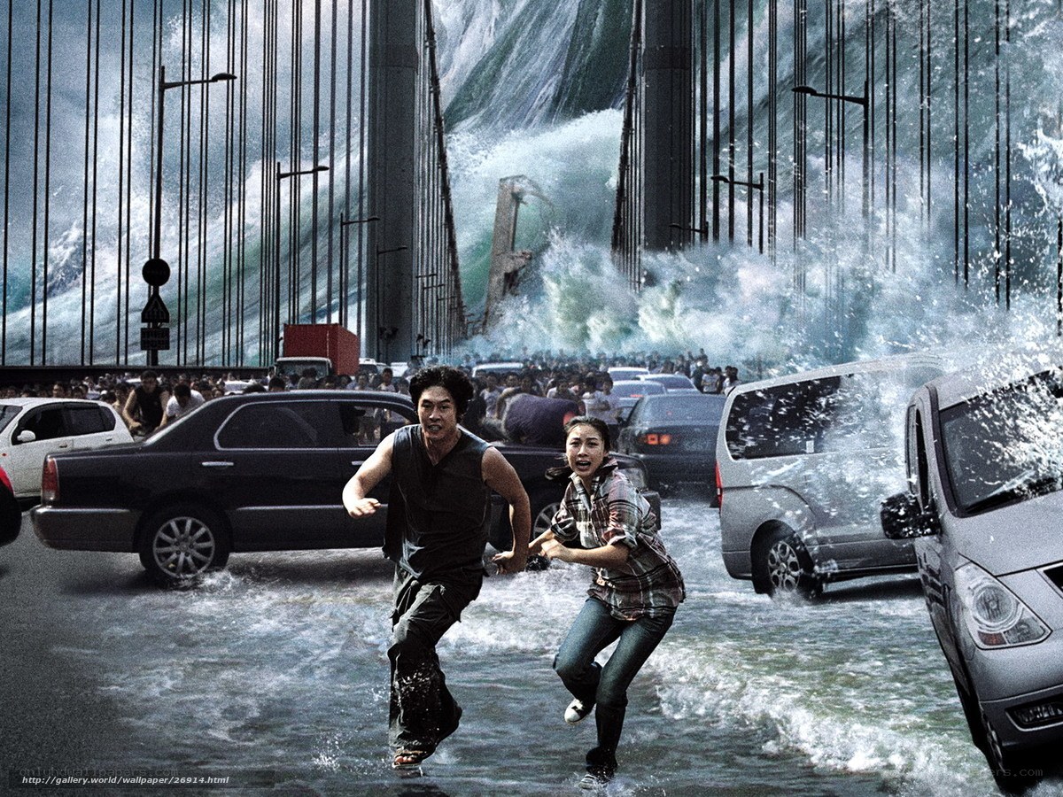 People fleeing tsunami on bridge