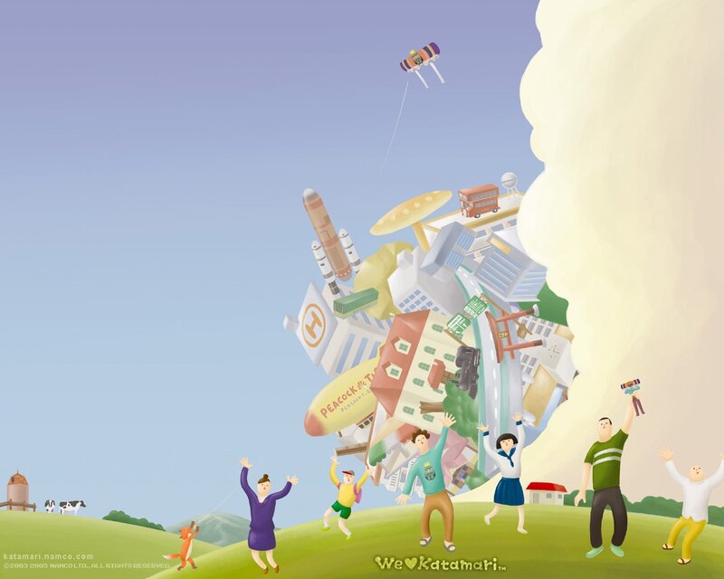 People flying kites with a city in the sky