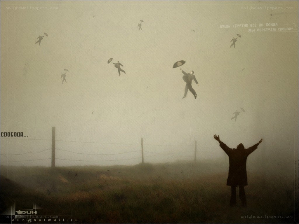 People flying with umbrellas
