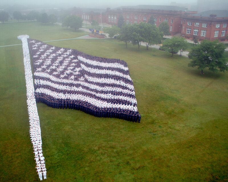 People forming American flag