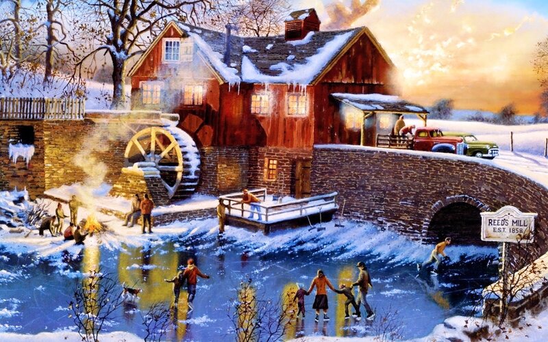 People Ice Skating at Mill — Red