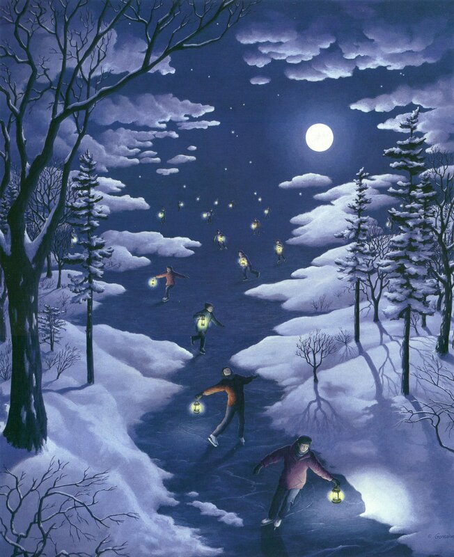 People ice skating at night