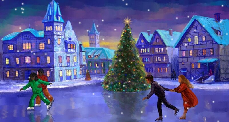 People Ice Skating — Blue, Festive, Night, Digital Art