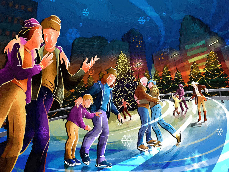 People Ice Skating — Blue, Festive, Night, Illustration
