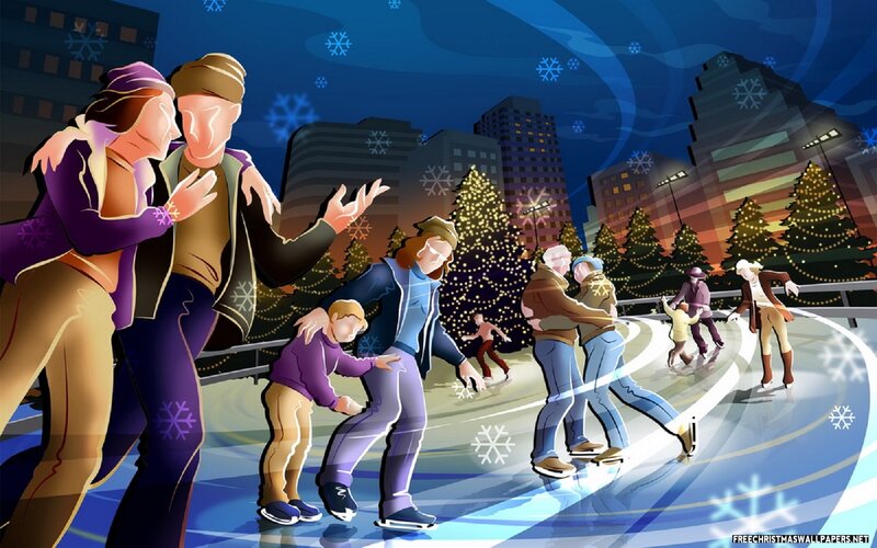 People Ice Skating — Blue, Festive, Night