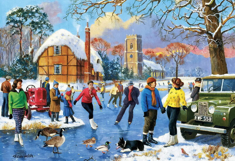 People Ice Skating — Blue, Festive, Winter, Painting, Ducks