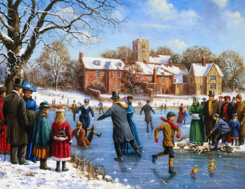 People Ice Skating — Blue, Festive, Winter, Painting, Ducks, Village