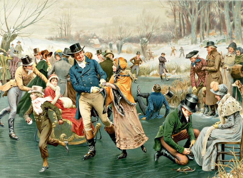 People Ice Skating — Blue, Festive, Winter, Painting