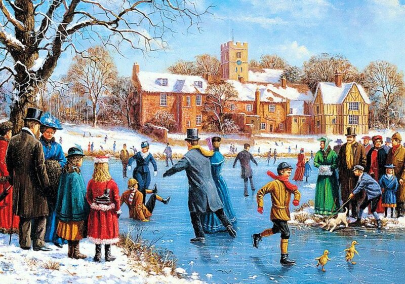 People Ice Skating — Blue, Festive, Winter, Painting, Village
