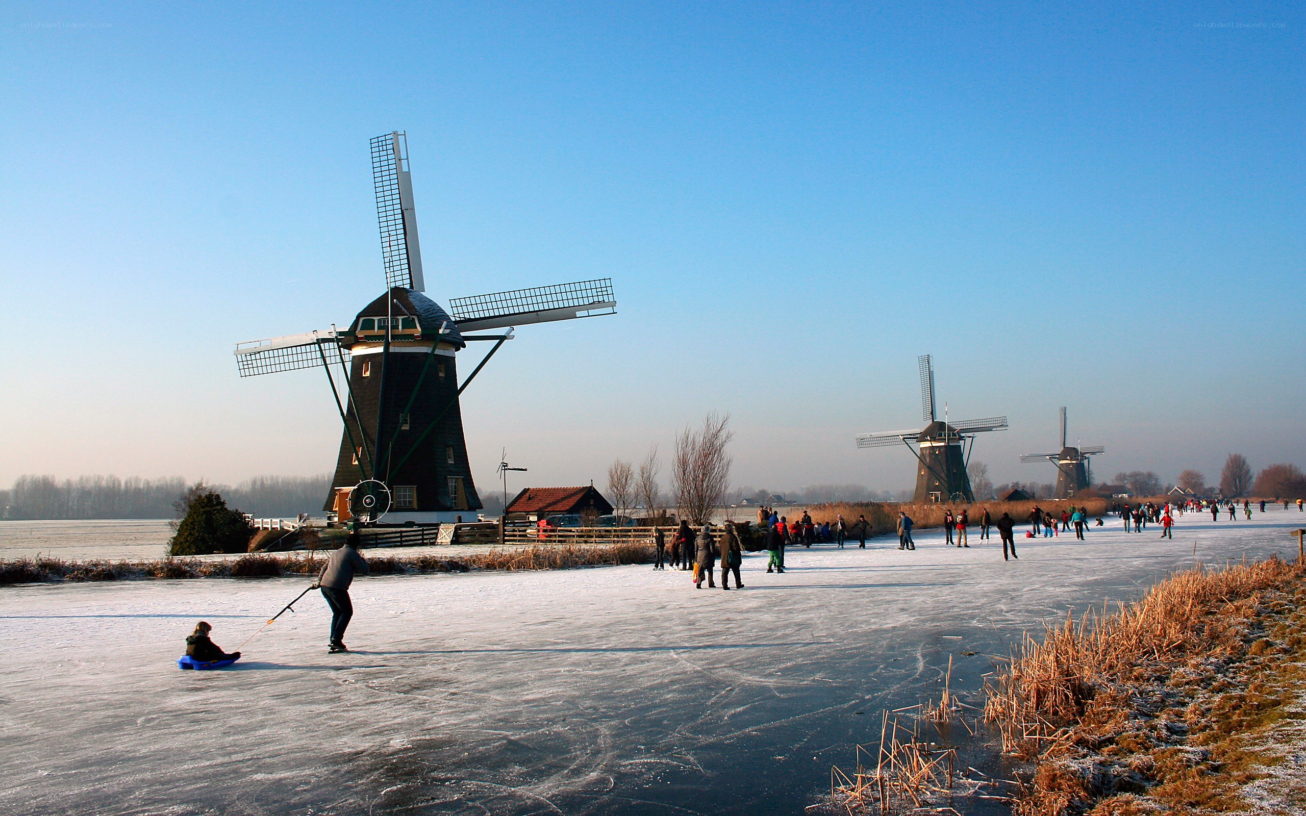 People ice skating by windmills