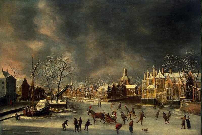 People Ice Skating on Canal — Gray