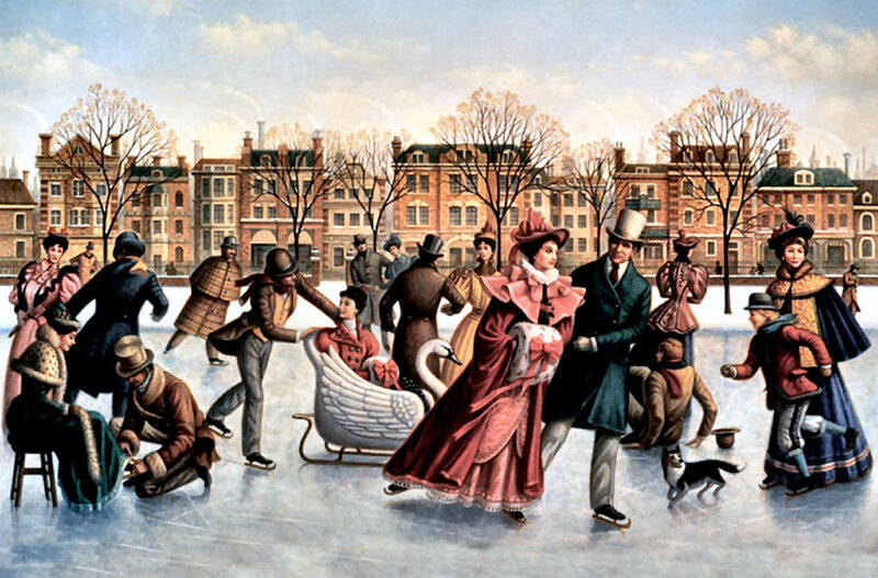 People Ice Skating — Red, Festive