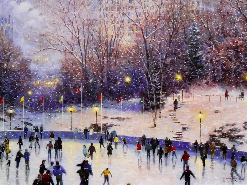 People Ice Skating — White, Festive, Winter, Painting