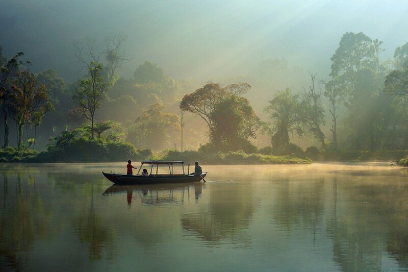 People in a Boat — Green, Serene, Morning, Photograph, River