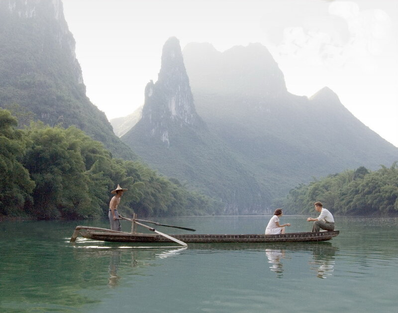 People in a Boat — Green, Serene, Morning, Photograph