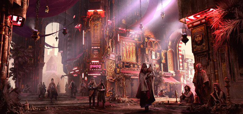 People in a Futuristic Bazaar