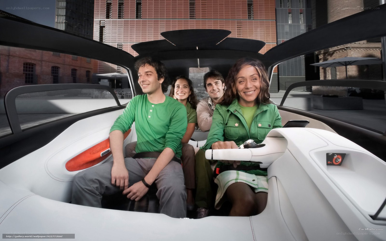 People in a futuristic car
