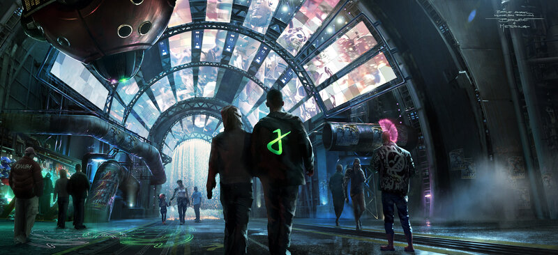 People in a Futuristic Corridor — Blue