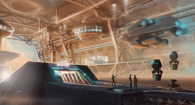 People in a Hangar — Brown