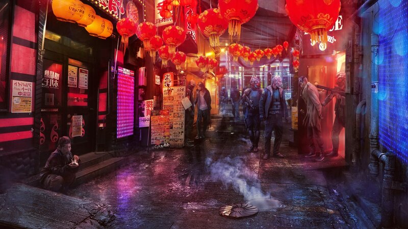 People in a Neon-lit Alley — Red