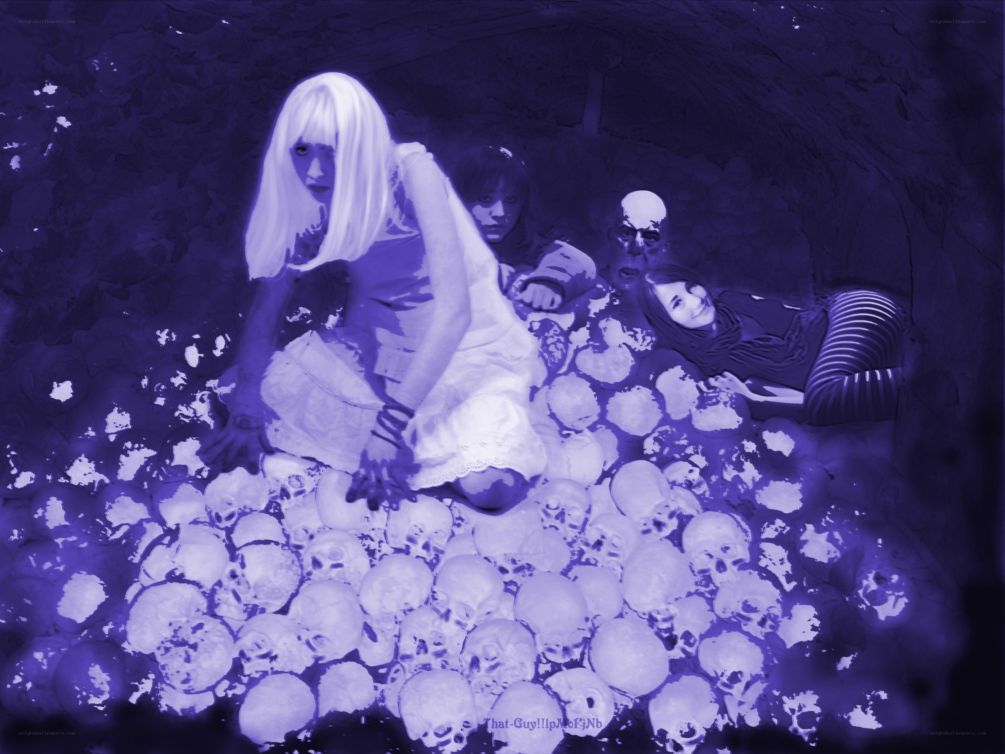 people in a skull-filled tunnel
