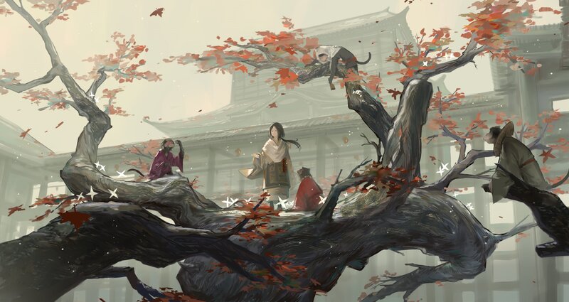 People in Autumn Tree — Gray
