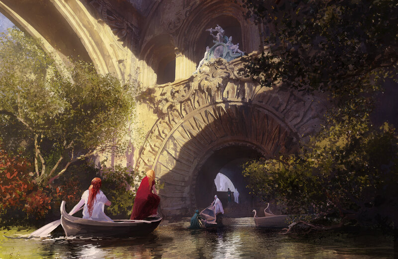 People in Boats under Arch