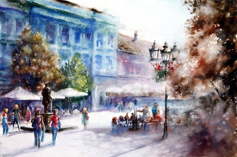 People in City Square — Blue, Serene