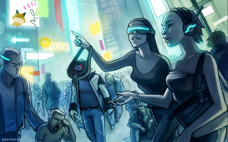 People in Futuristic City — Blue