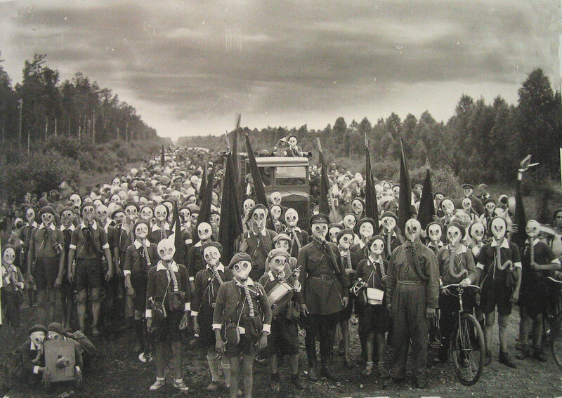 People in Gas Masks — Black, Dramatic, Photograph, Flags