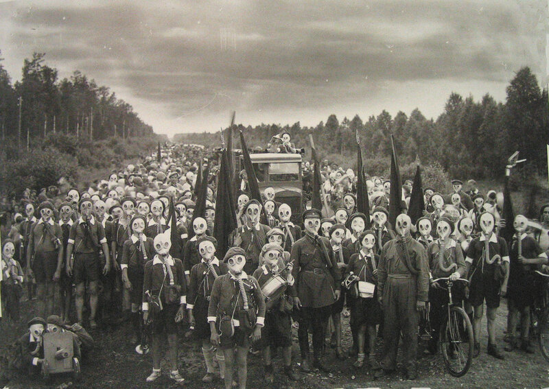 People in Gas Masks — Black, Dramatic, Photograph, Gas Masks, Bicycles