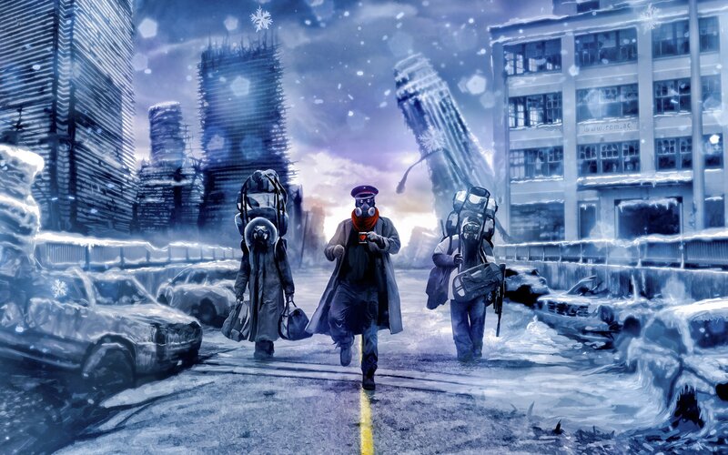 People in Gas Masks — Blue