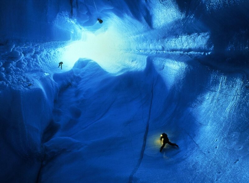 People in Ice Cave — Blue, Dramatic, Photograph, Explorers