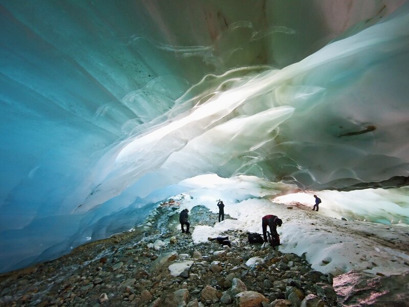 People in Ice Cave — Blue, Dramatic, Photograph, Rocks