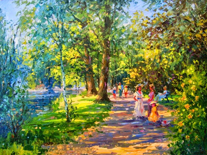 People in Park — Green, Serene, Afternoon, Painting, Trees