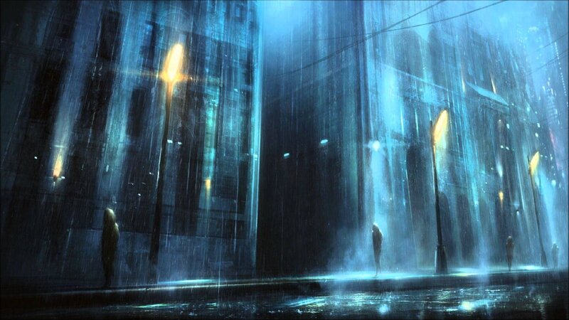 People in Rain at Night — Blue