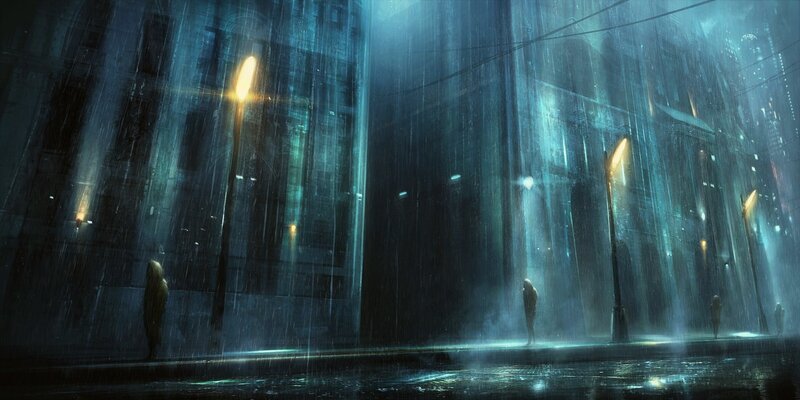 People in Rain at Night
