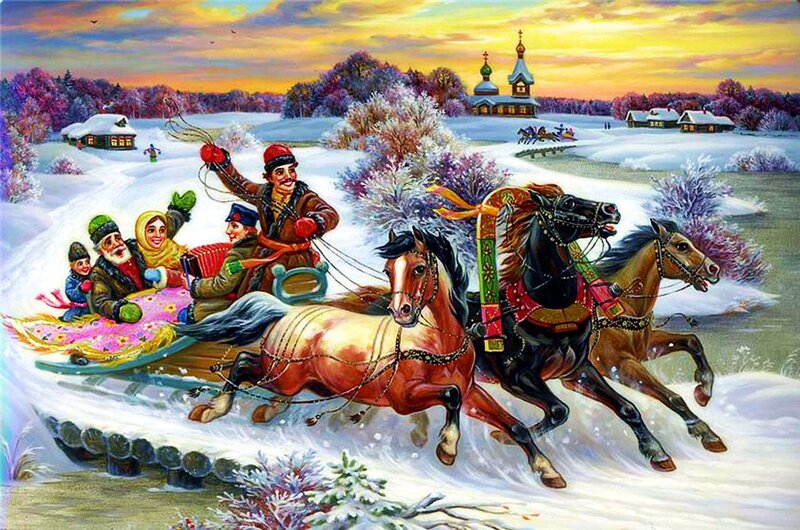 People in Sleigh with Horses