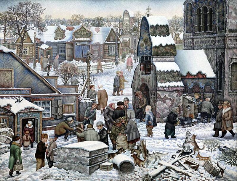 People in Snowy Village