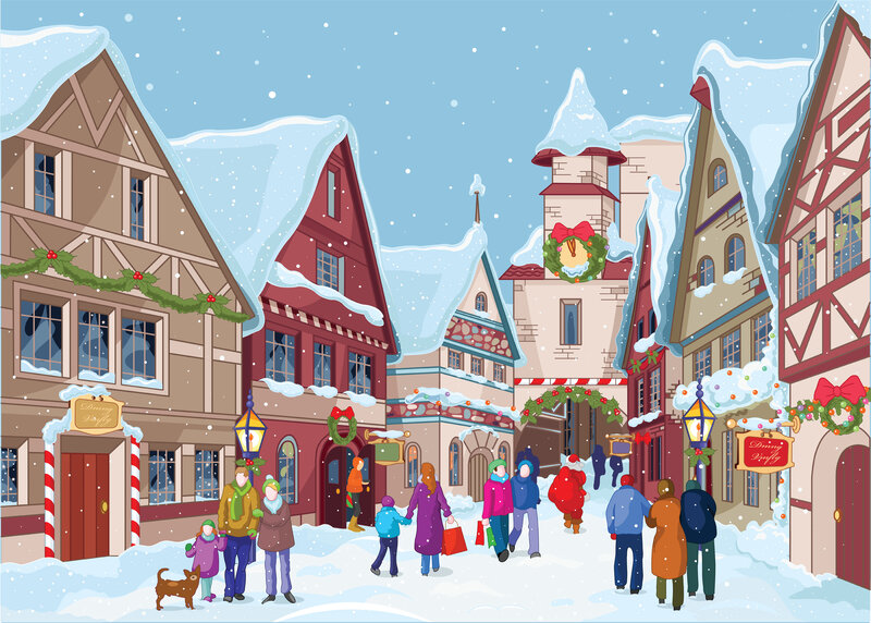 People in Snowy Village — White, Festive