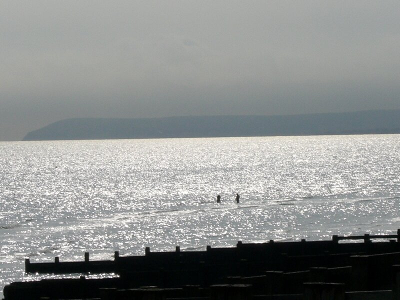 People in the sea at dusk