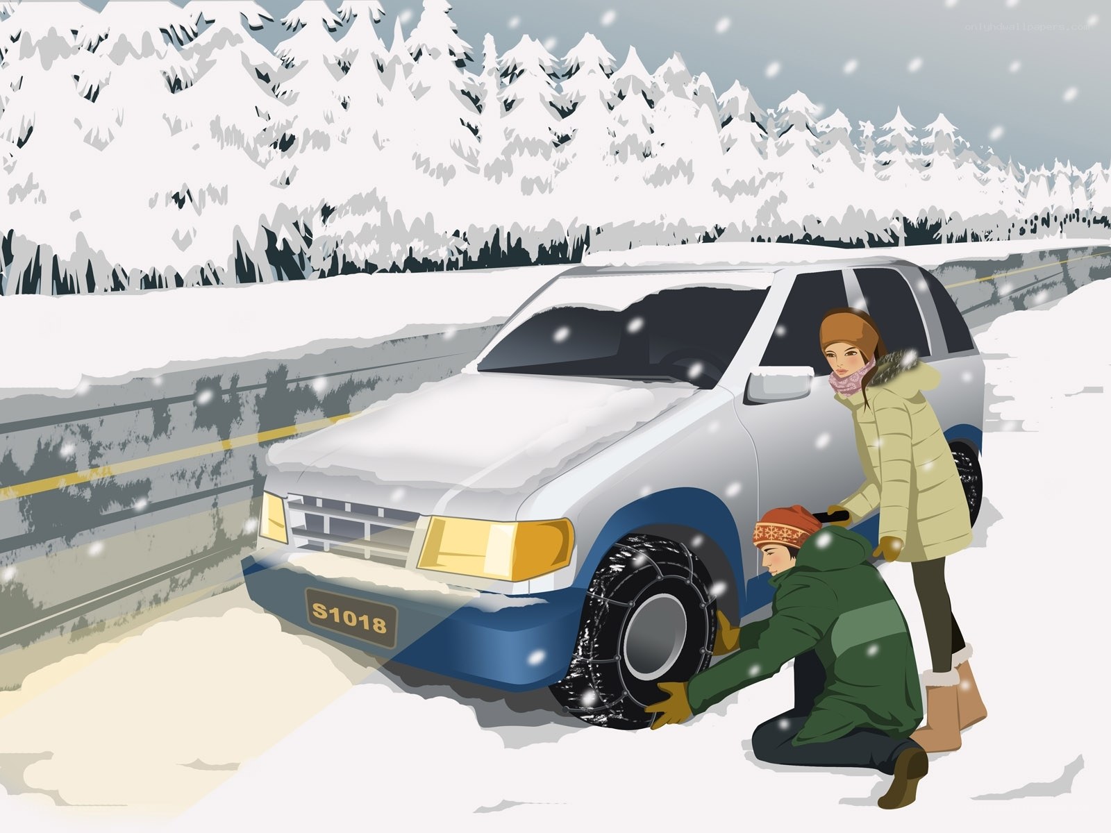 People installing snow chains