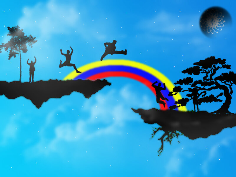 people jumping over a rainbow