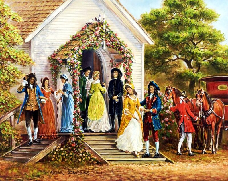 People Leaving Church — White, Festive