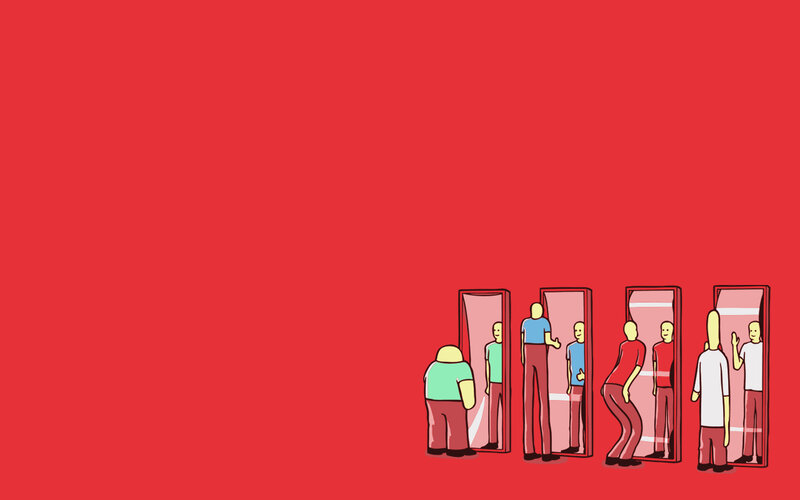 People Looking in Mirrors — Red, Neutral