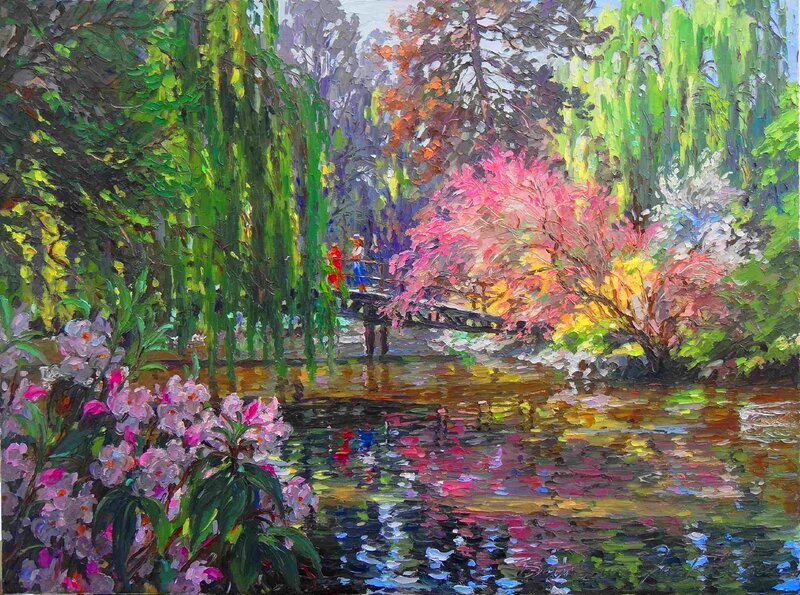 People on a Bridge — Green, Serene, Spring