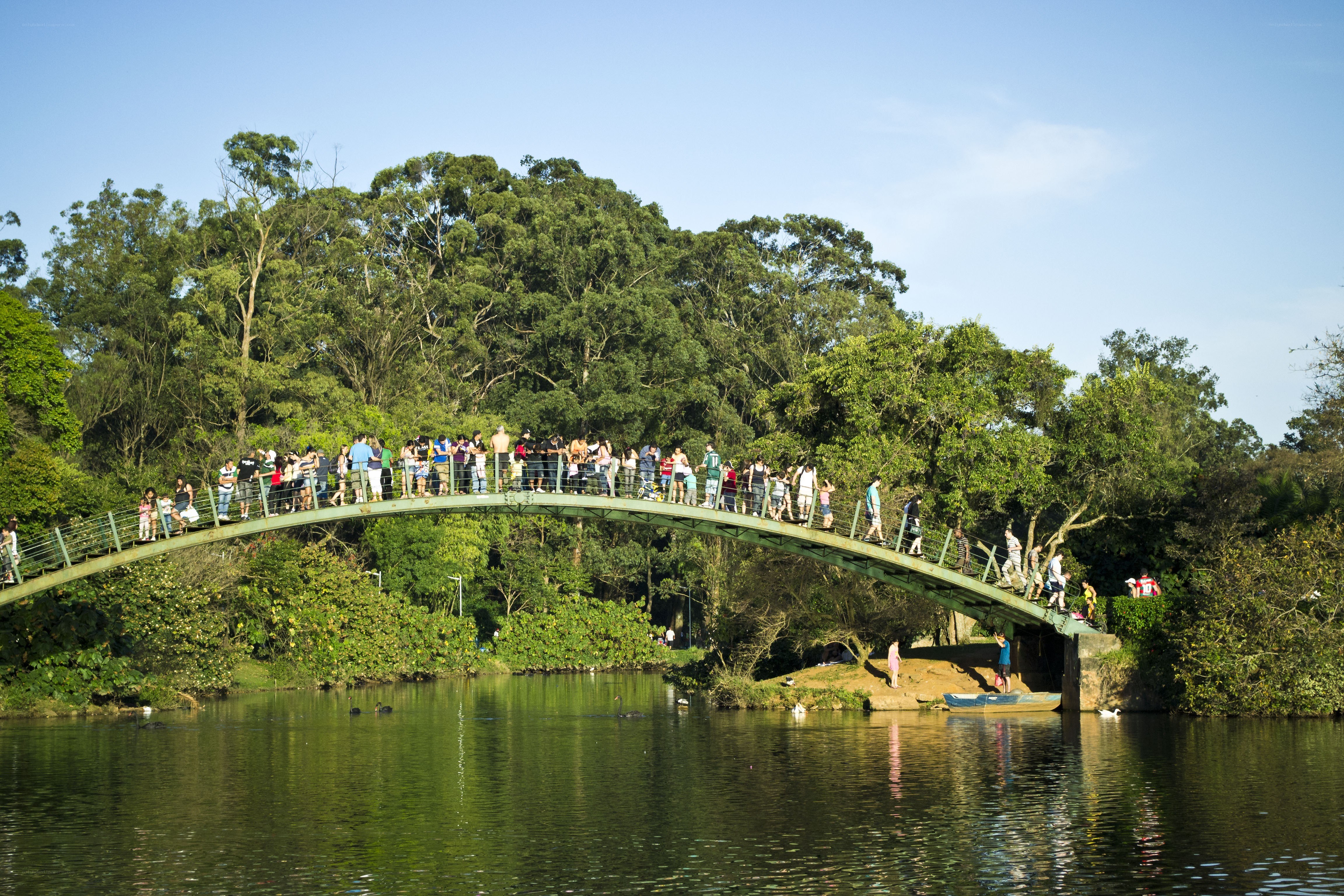 People on a bridge over water