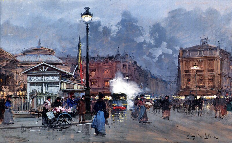 People on a City Street — Blue, Busy